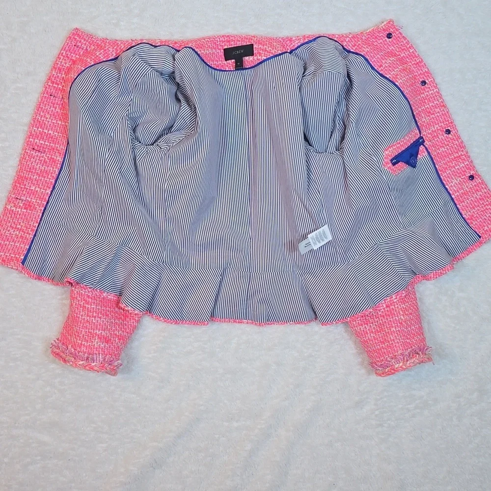 J.Crew Hot Pink Barbiecore Cotton Jacket Tweed Peplum Fringe Blazer Sz. 10